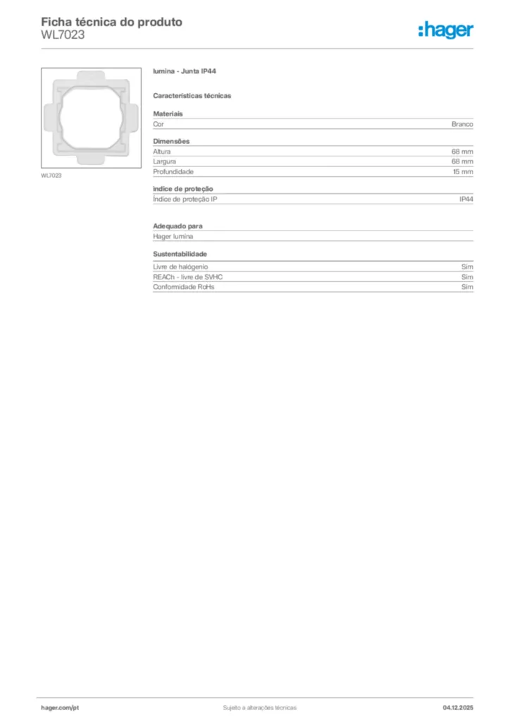 Imagem Hager Ficha técnica do produto WL7023 | Hager Portugal
