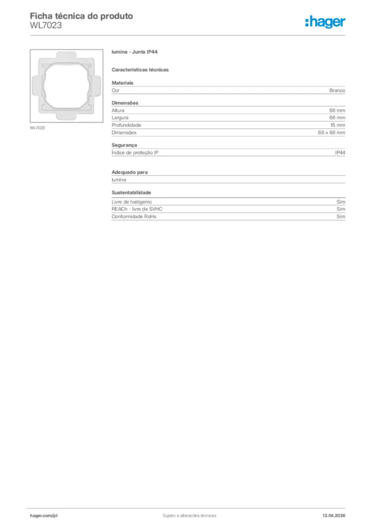 Imagem Hager Ficha técnica do produto WL7023 | Hager Portugal
