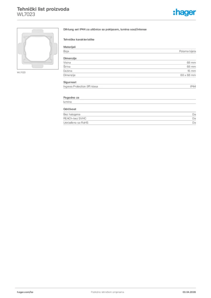 Slika Hager Tehnički list proizvoda WL7023  | Hager