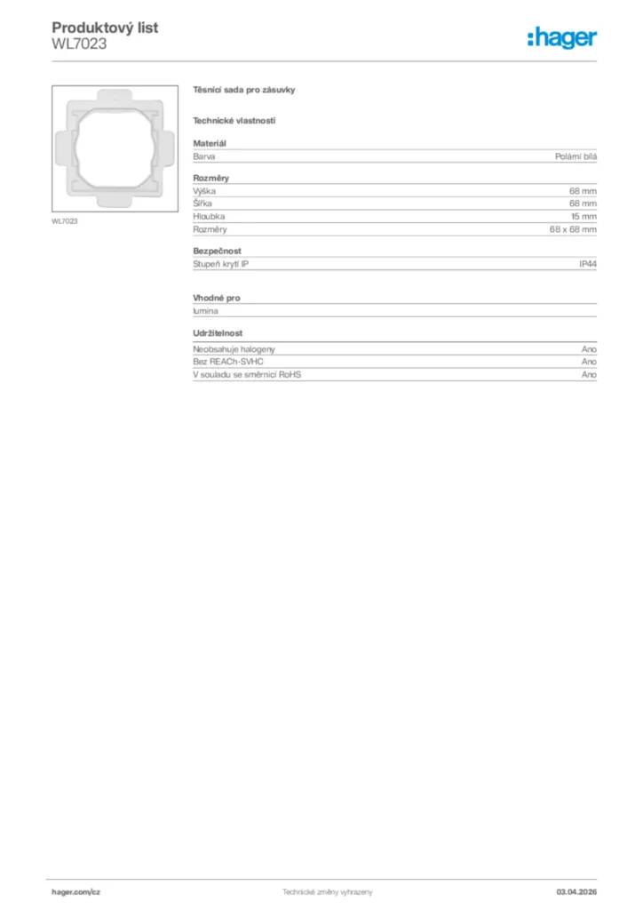 Obrázek Hager Product data sheet WL7023 | Hager