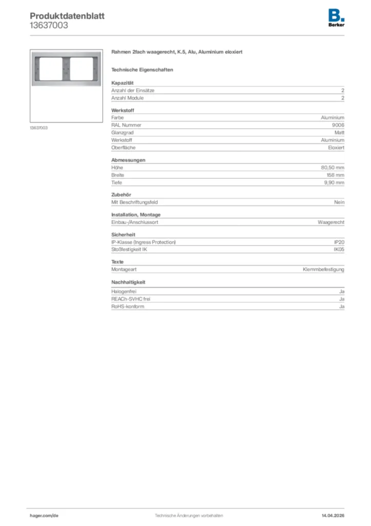 Bild Berker Produktdatenblatt 13637003 | Hager Deutschland