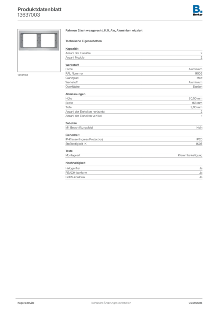 Bild Berker Produktdatenblatt 13637003 | Hager Deutschland