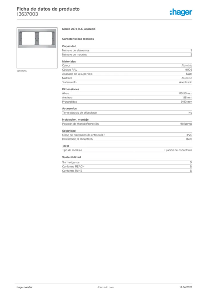Imagen Hager Ficha de datos de producto 13637003 | Hager España