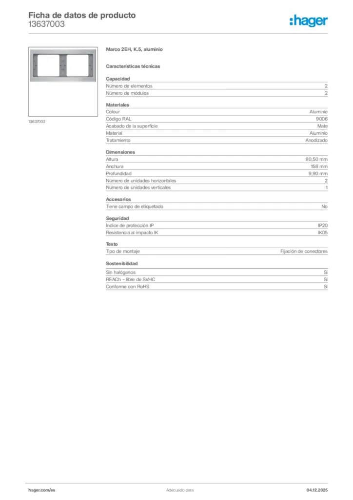 Imagen Hager Ficha de datos de producto 13637003 | Hager España