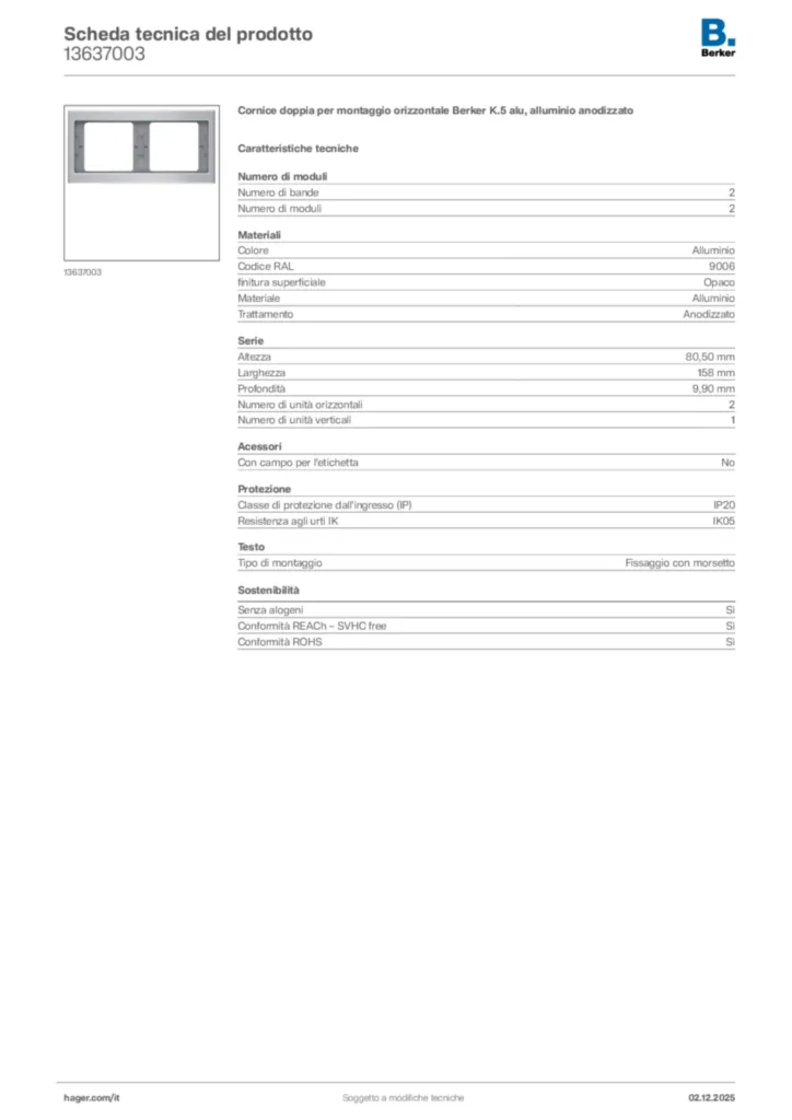Immagine Berker Scheda tecnica del prodotto 13637003 | Hager Italia
