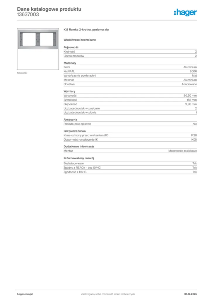 Zdjęcie Hager Dane katalogowe produktu 13637003 | Hager Polska