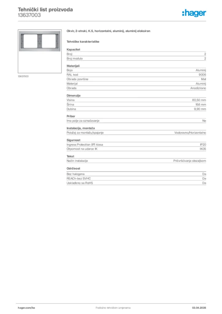 Slika Hager Tehnički list proizvoda 13637003  | Hager