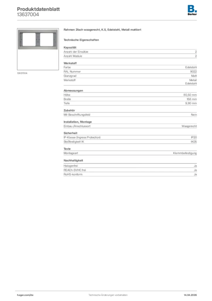 Bild Berker Produktdatenblatt 13637004 | Hager Deutschland
