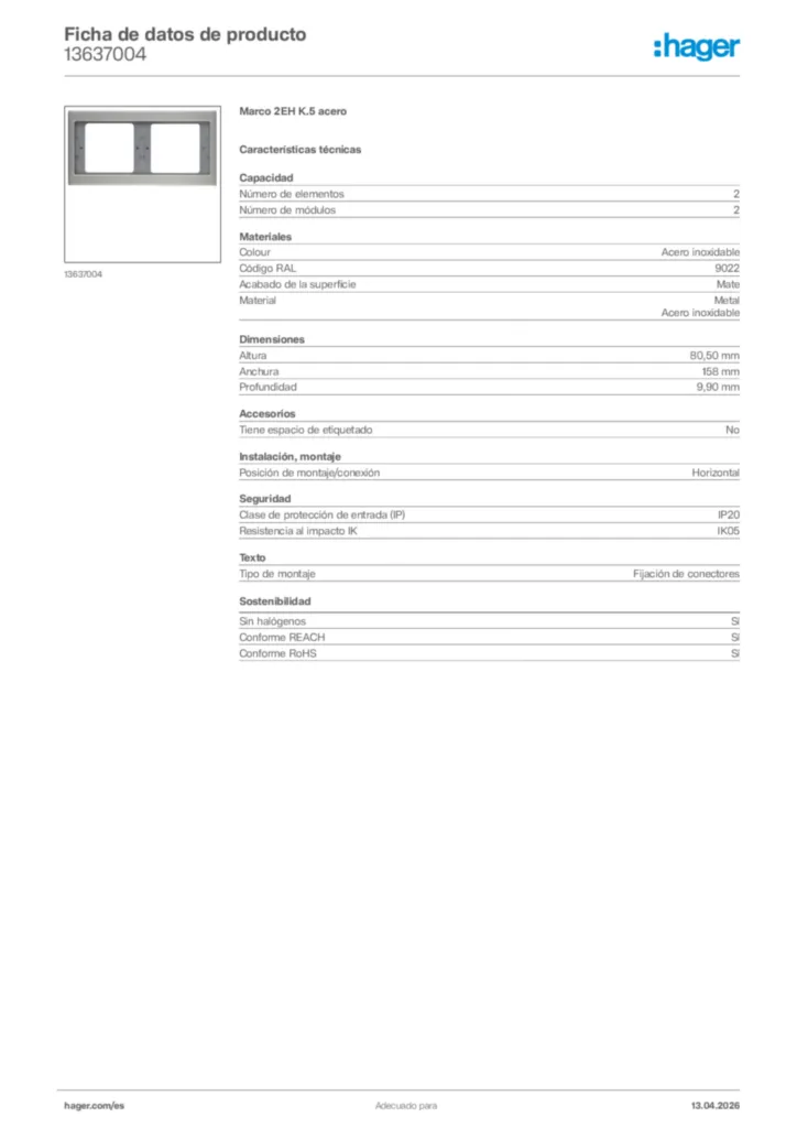 Imagen Hager Ficha de datos de producto 13637004 | Hager España