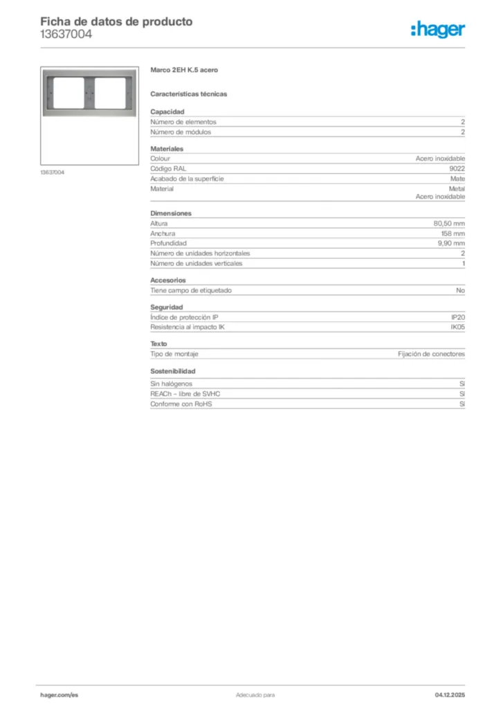 Imagen Hager Ficha de datos de producto 13637004 | Hager España