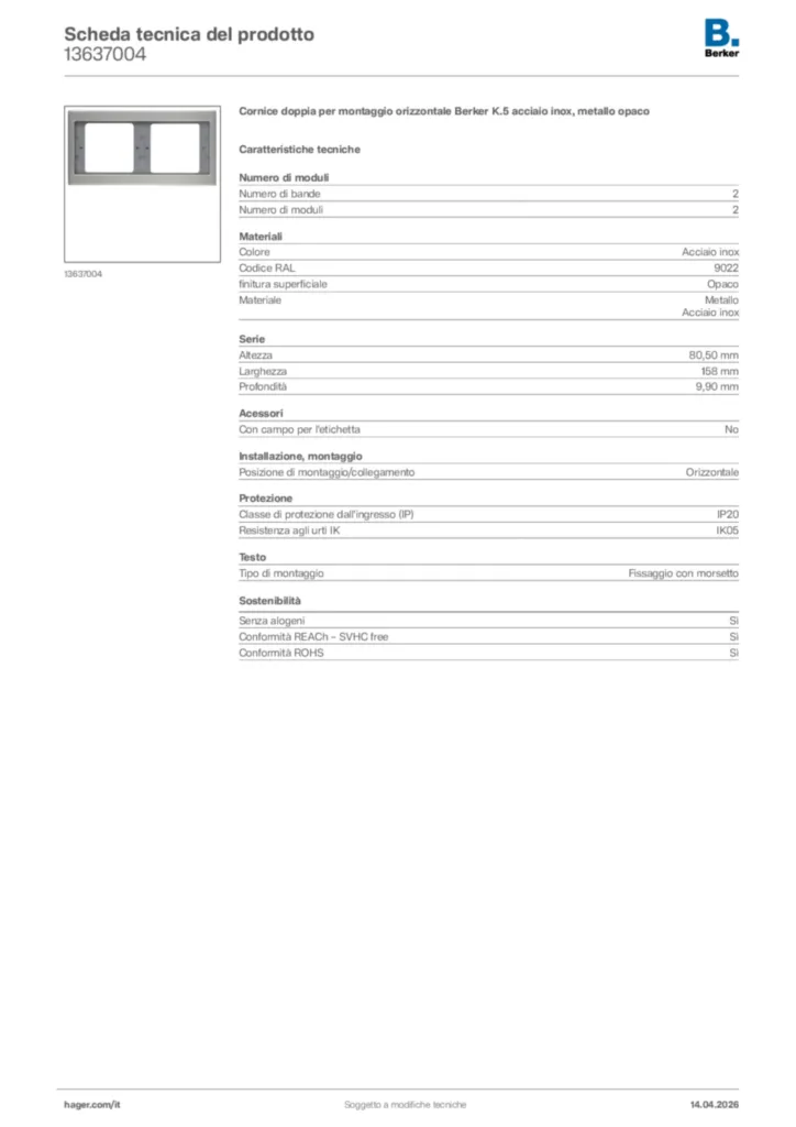 Immagine Berker Scheda tecnica del prodotto 13637004 | Hager Italia