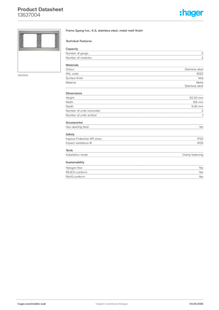 Image Hager Product data sheet 13637004  | Hager