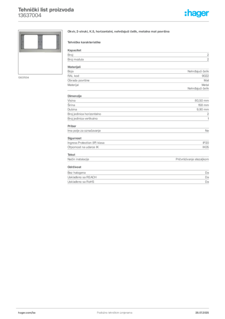 Slika Hager Product data sheet 13637004  | Hager