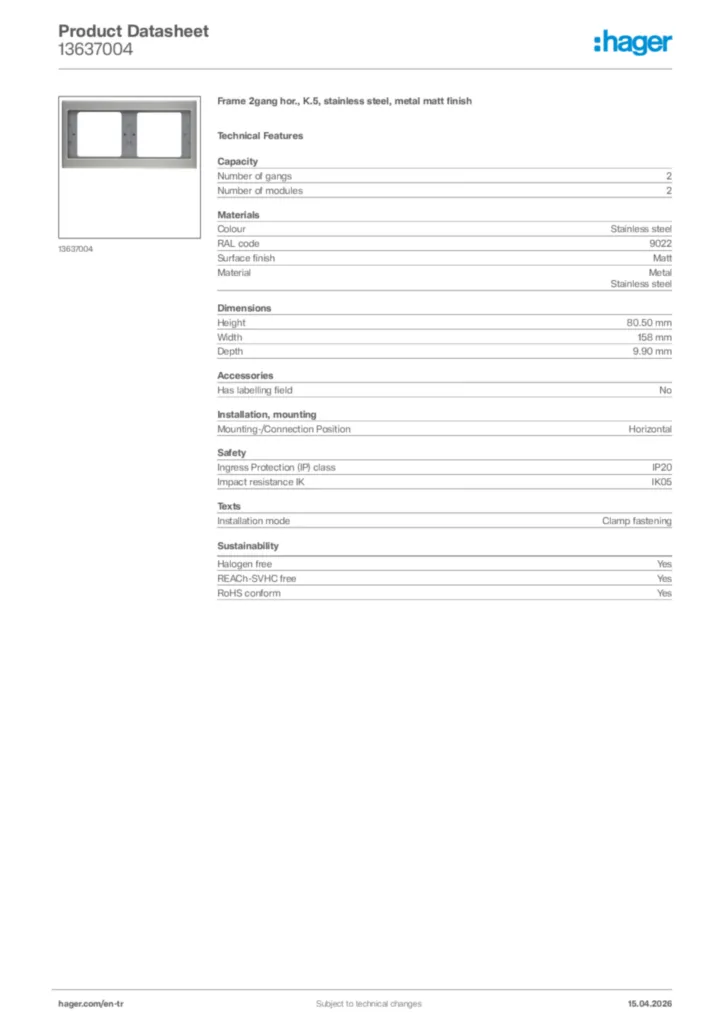 Image Hager Product data sheet 13637004  | Hager