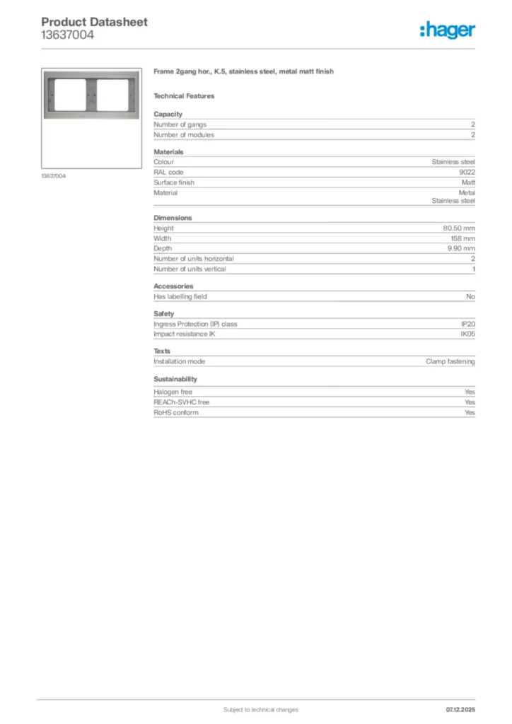 Image Hager Product data sheet 13637004  | Hager