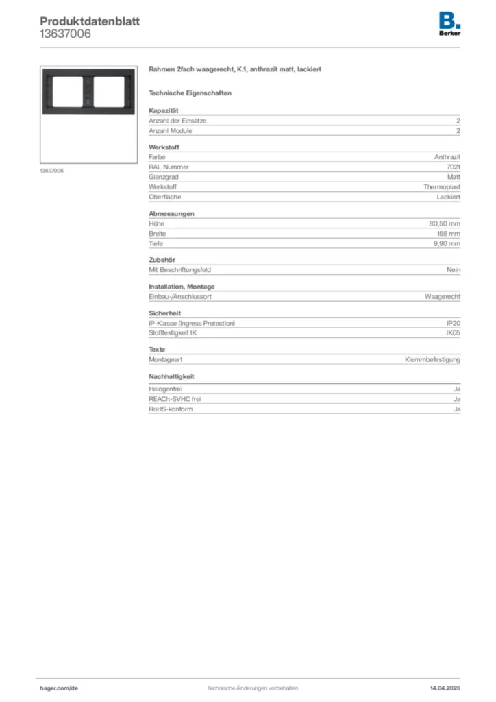 Bild Berker Produktdatenblatt 13637006 | Hager Deutschland