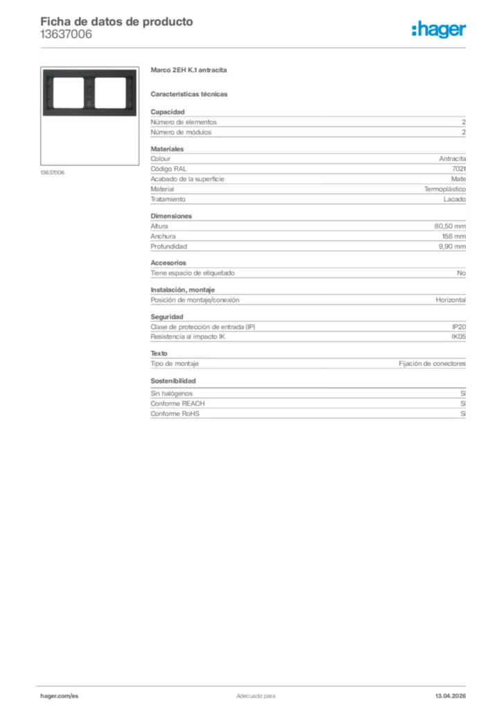 Imagen Hager Ficha de datos de producto 13637006 | Hager España