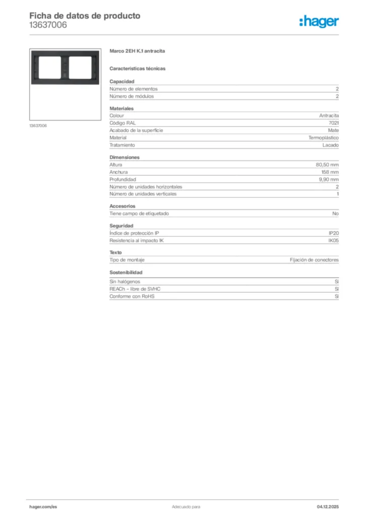 Imagen Hager Ficha de datos de producto 13637006 | Hager España