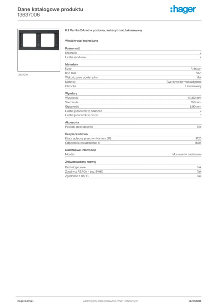 Zdjęcie Hager Dane katalogowe produktu 13637006 | Hager Polska