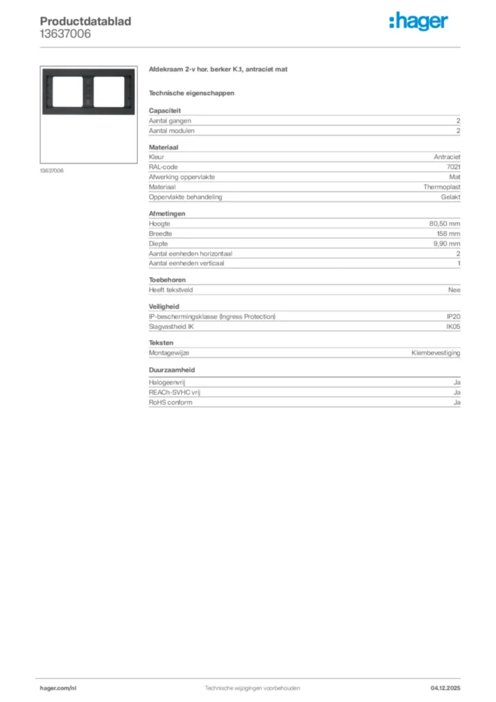 Afbeelding Hager Productdatablad 13637006 | Hager Nederland