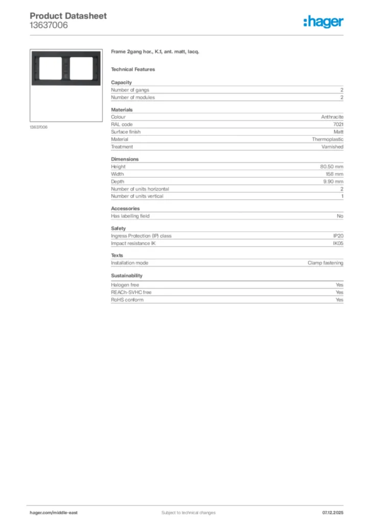 Image Hager Product data sheet 13637006  | Hager