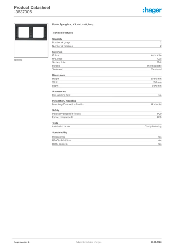 Image Hager Product data sheet 13637006  | Hager