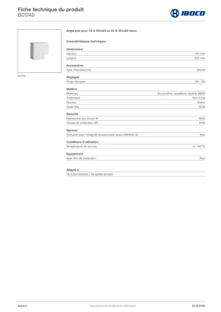 Image Iboco Fiche technique du produit B01749 | Hager France