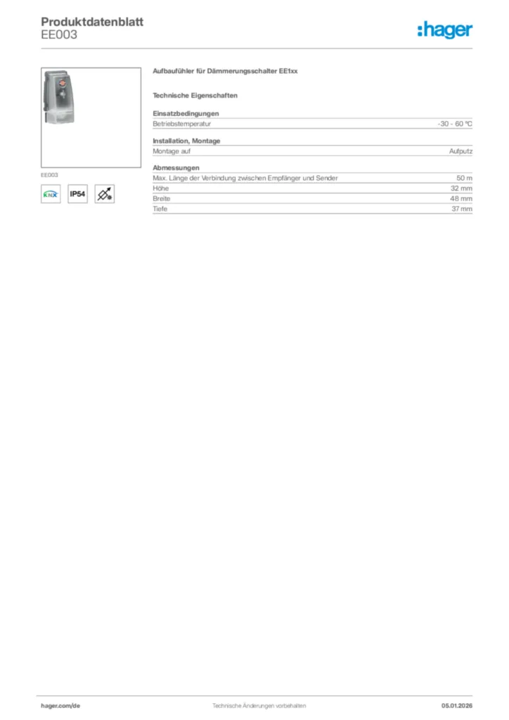 Bild Hager Produktdatenblatt EE003 | Hager Deutschland