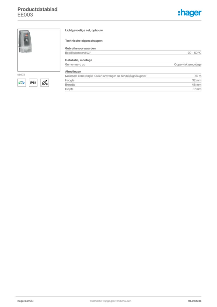 Afbeelding Hager Productdatablad EE003 | Hager Nederland