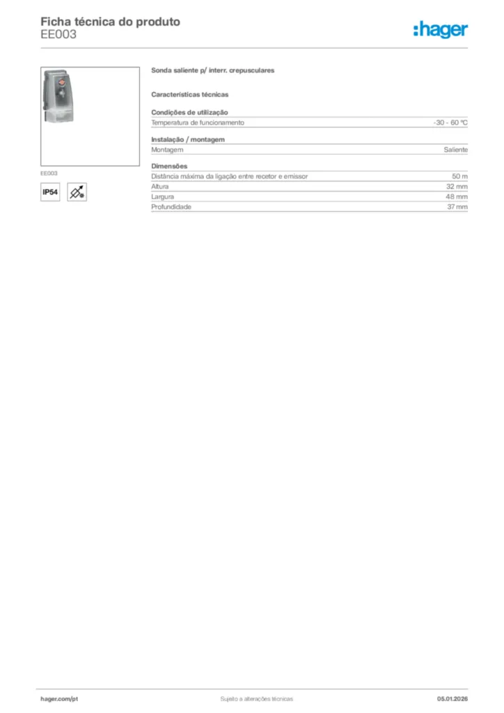 Imagem Hager Ficha técnica do produto EE003 | Hager Portugal