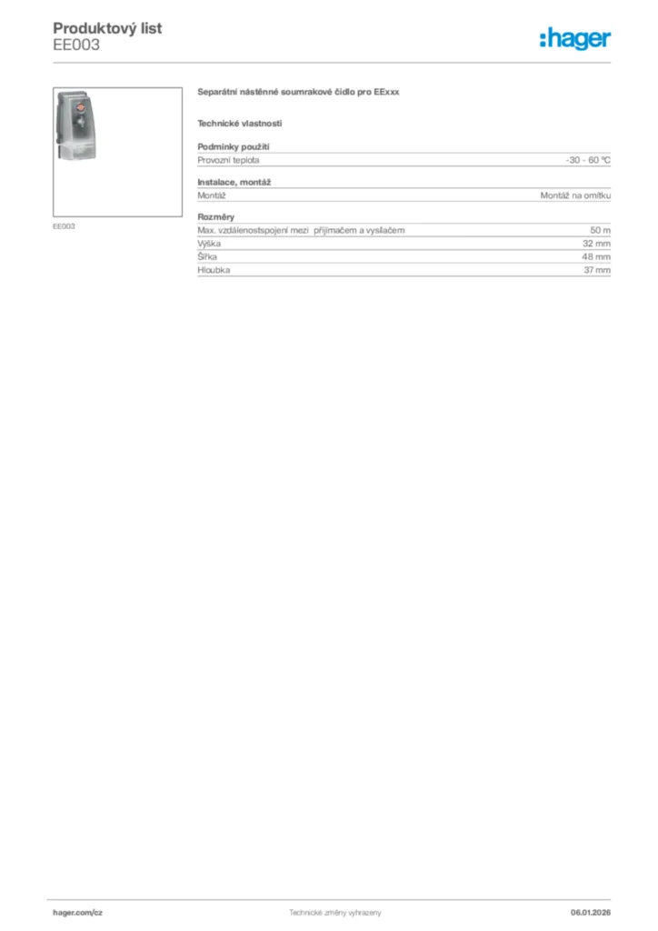 Obrázek Hager Product data sheet EE003 | Hager