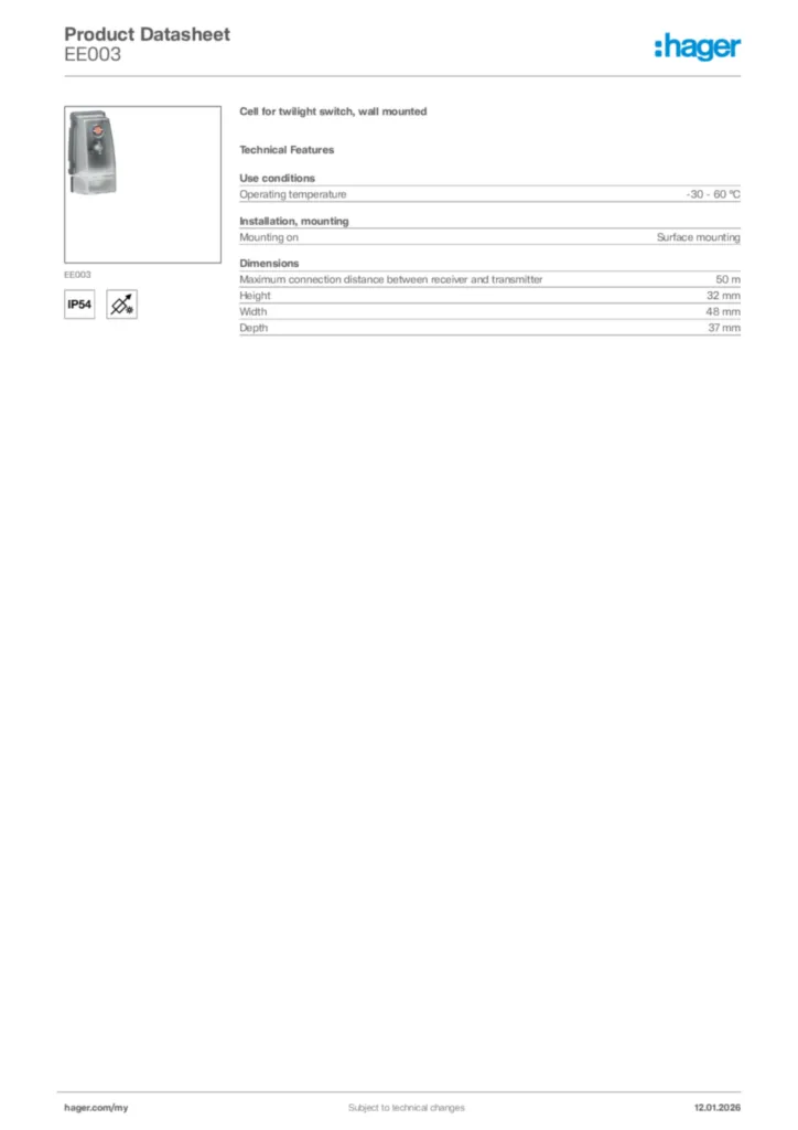 Image Hager Product data sheet EE003  | Hager