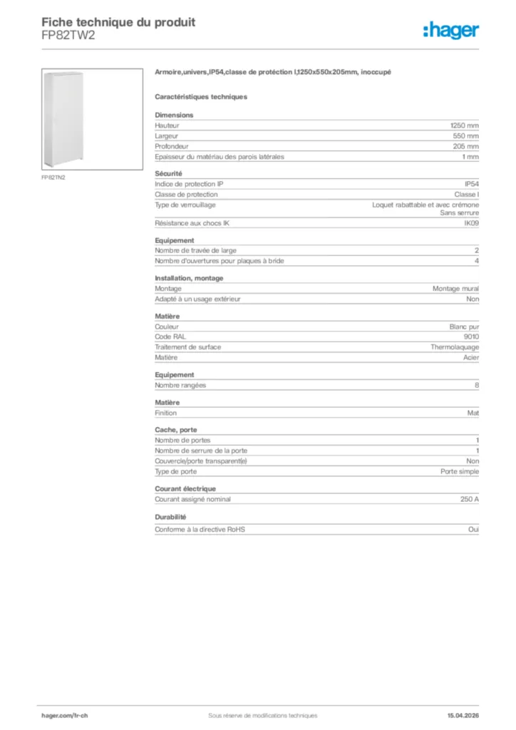 Image Hager Fiche technique du produit FP82TW2 | Hager Suisse