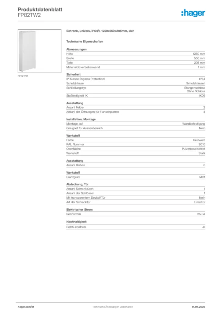 Bild Hager Produktdatenblatt FP82TW2 | Hager Deutschland