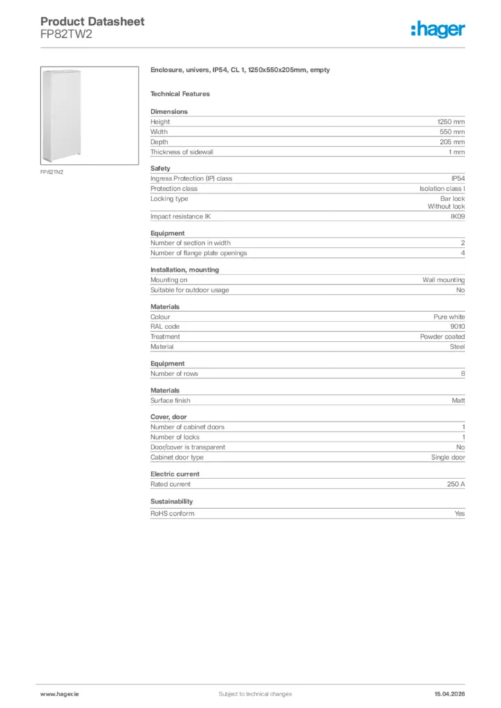 Image Hager Product data sheet FP82TW2  | Hager