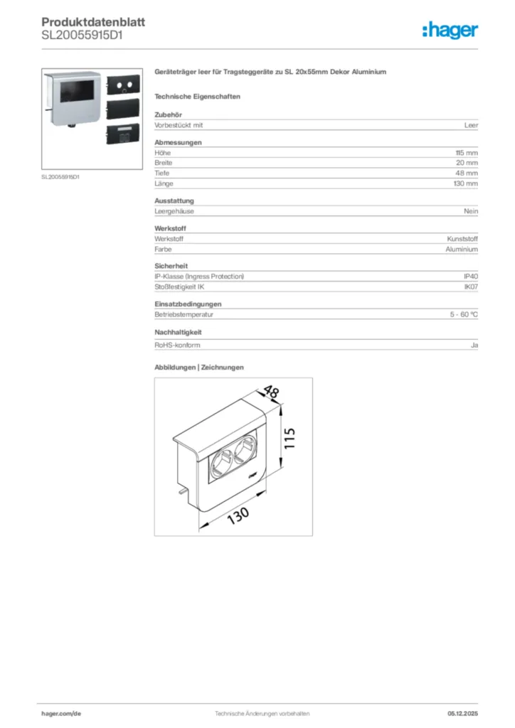 Bild Hager Produktdatenblatt SL20055915D1 | Hager Deutschland