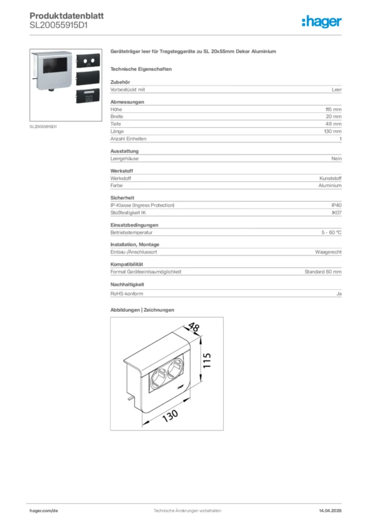 Bild Hager Produktdatenblatt SL20055915D1 | Hager Deutschland