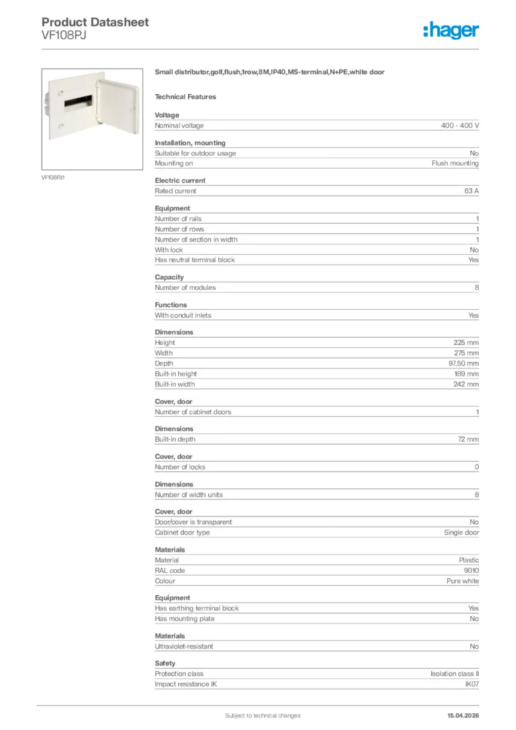 Image Hager Product data sheet VF108PJ  | Hager Africa