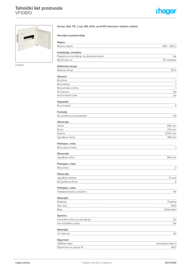 Slika Hager Product data sheet VF108PJ  | Hager