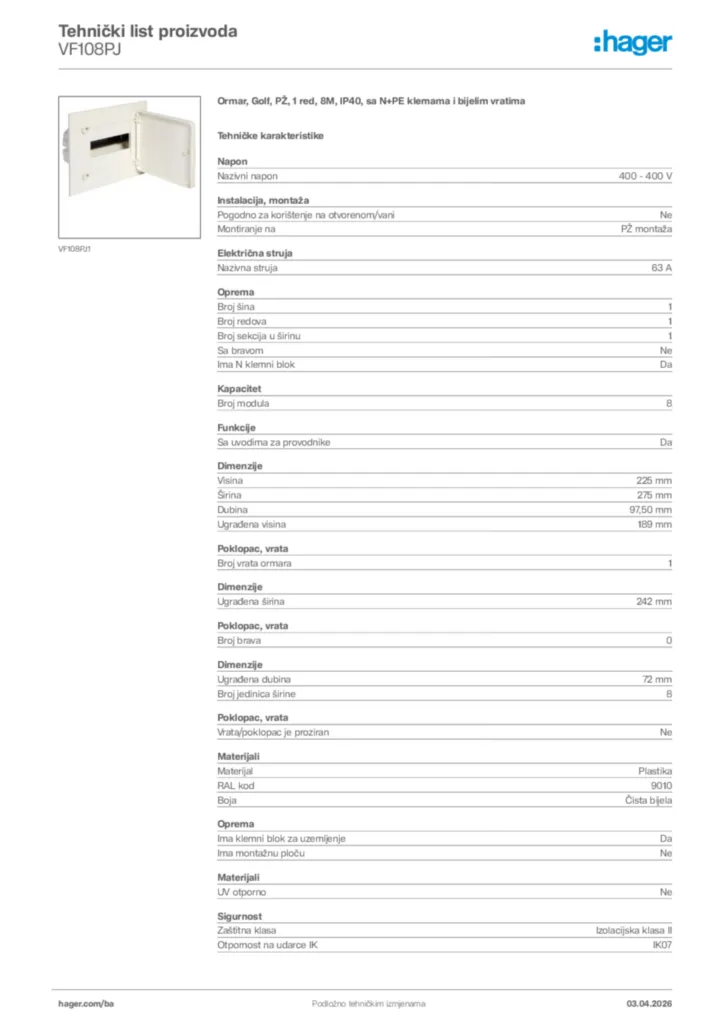 Slika Hager Tehnički list proizvoda VF108PJ  | Hager