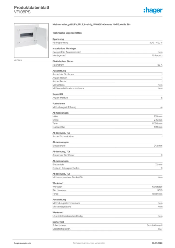 Bild Hager Produktdatenblatt VF108PS | Hager Schweiz