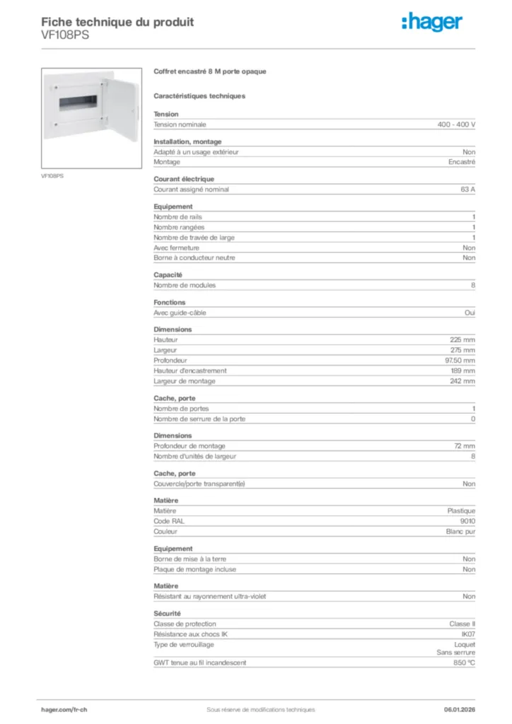Image Hager Fiche technique du produit VF108PS | Hager Suisse