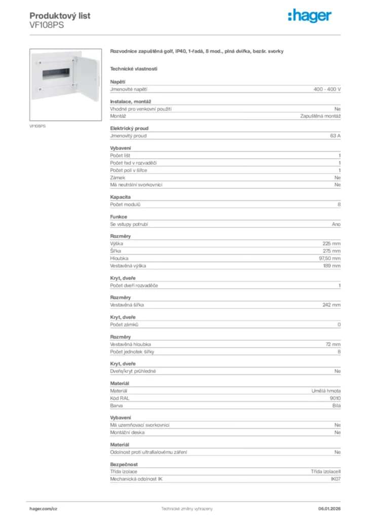 Obrázek Hager Product data sheet VF108PS | Hager