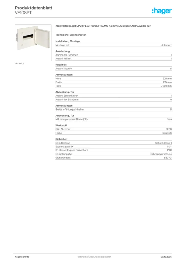 Bild Hager Produktdatenblatt VF108PT | Hager Deutschland