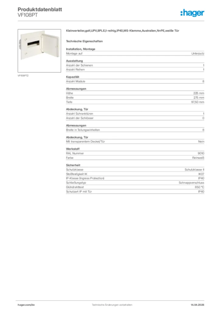 Bild Hager Produktdatenblatt VF108PT | Hager Deutschland