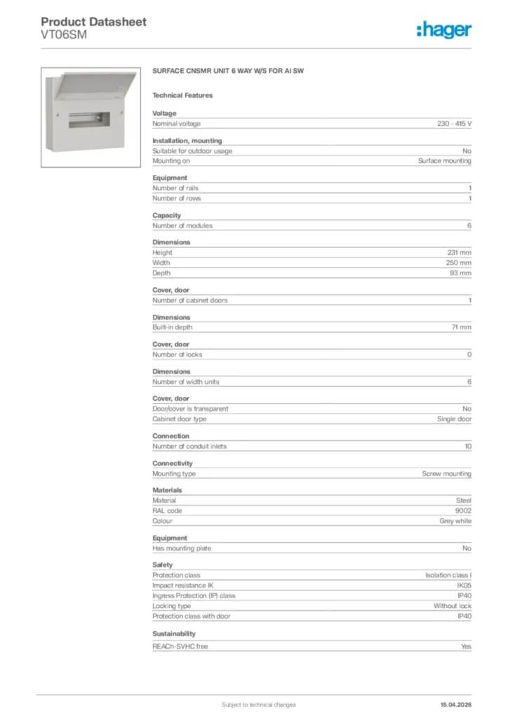 Image Hager Product data sheet VT06SM  | Hager Africa