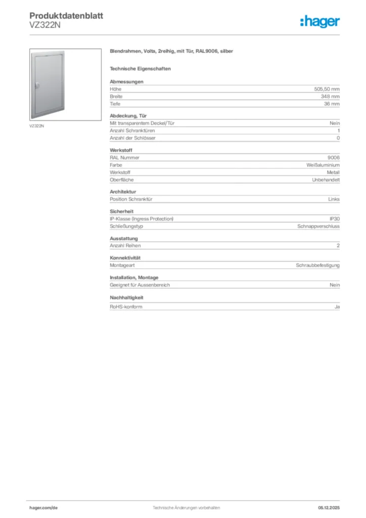 Bild Hager Produktdatenblatt VZ322N | Hager Deutschland