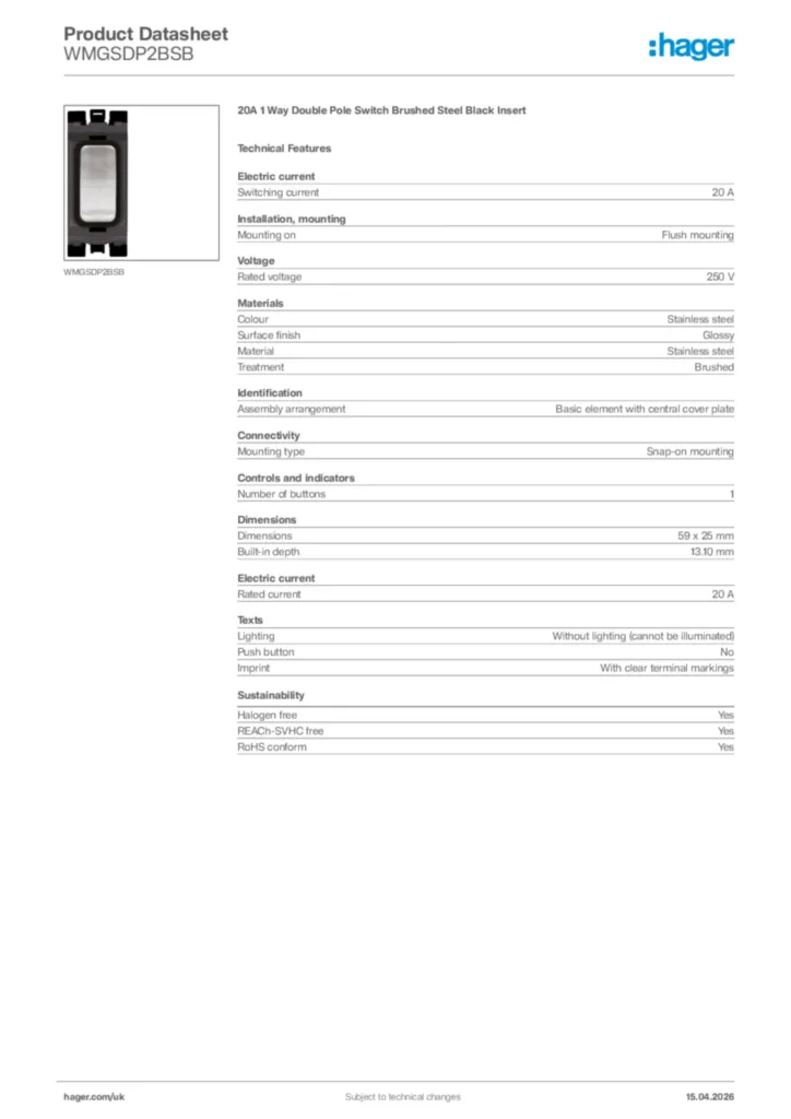 Image Hager Product data sheet WMGSDP2BSB  | Hager