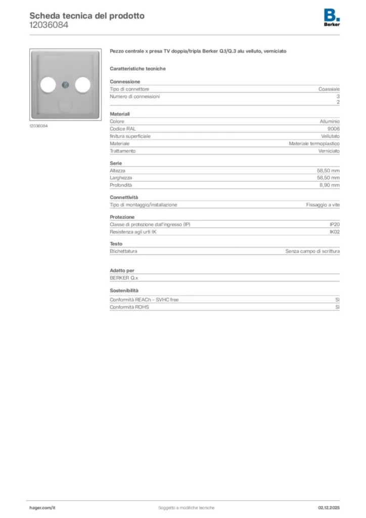 Immagine Berker Scheda tecnica del prodotto 12036084 | Hager Italia