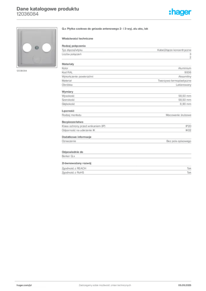 Zdjęcie Hager Dane katalogowe produktu 12036084 | Hager Polska